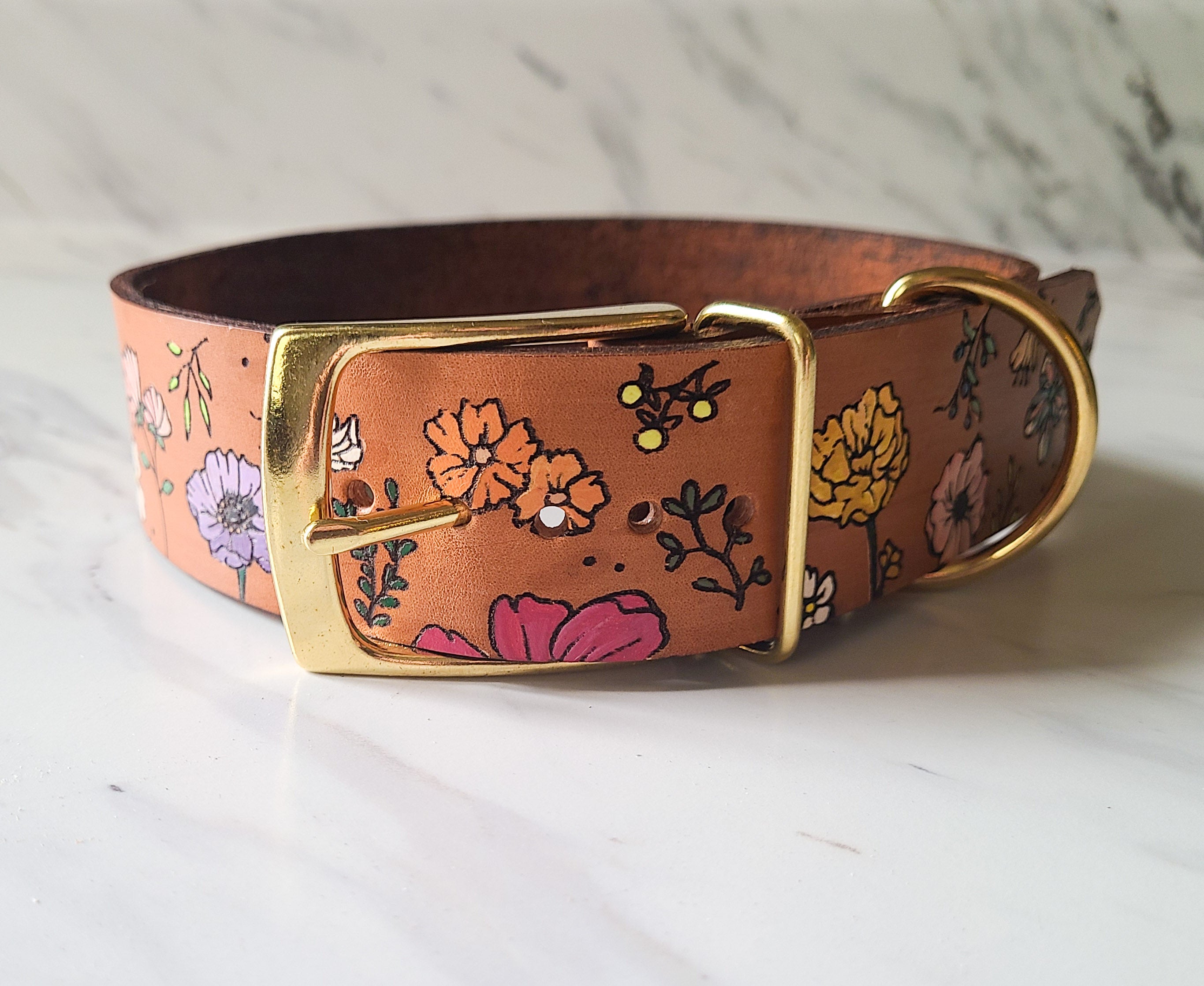 Leather Dog Collar Floral Pattern Dog Basic Collar For Large Dogs