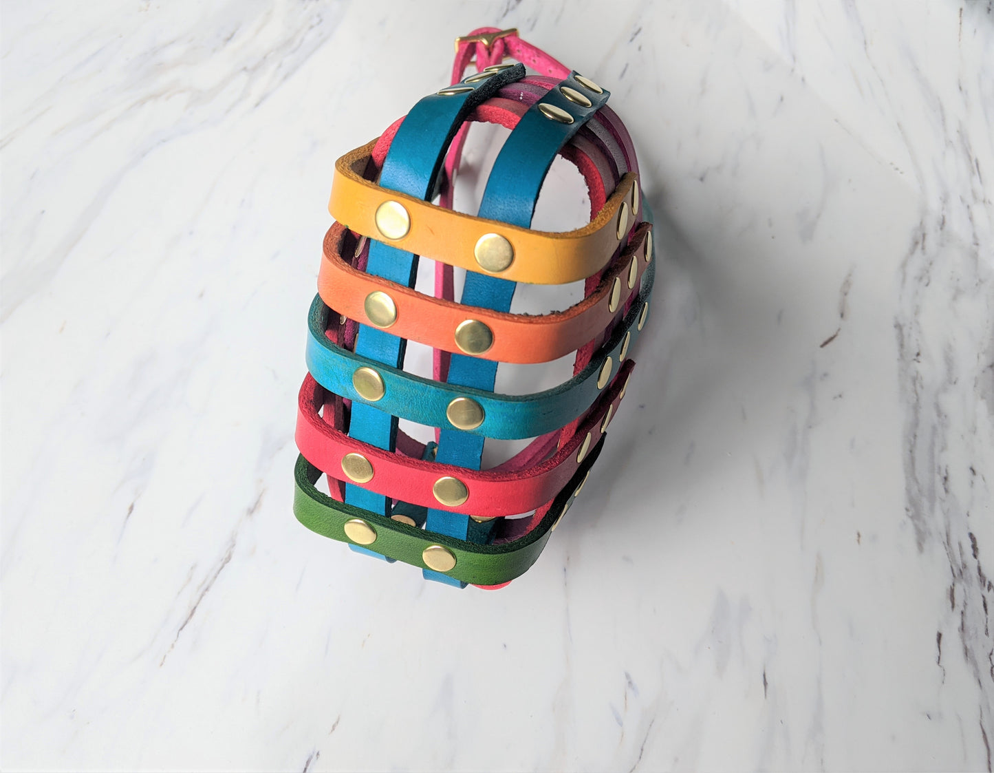 Basket Style Leather Muzzle - Rainbow Colors - Level Two