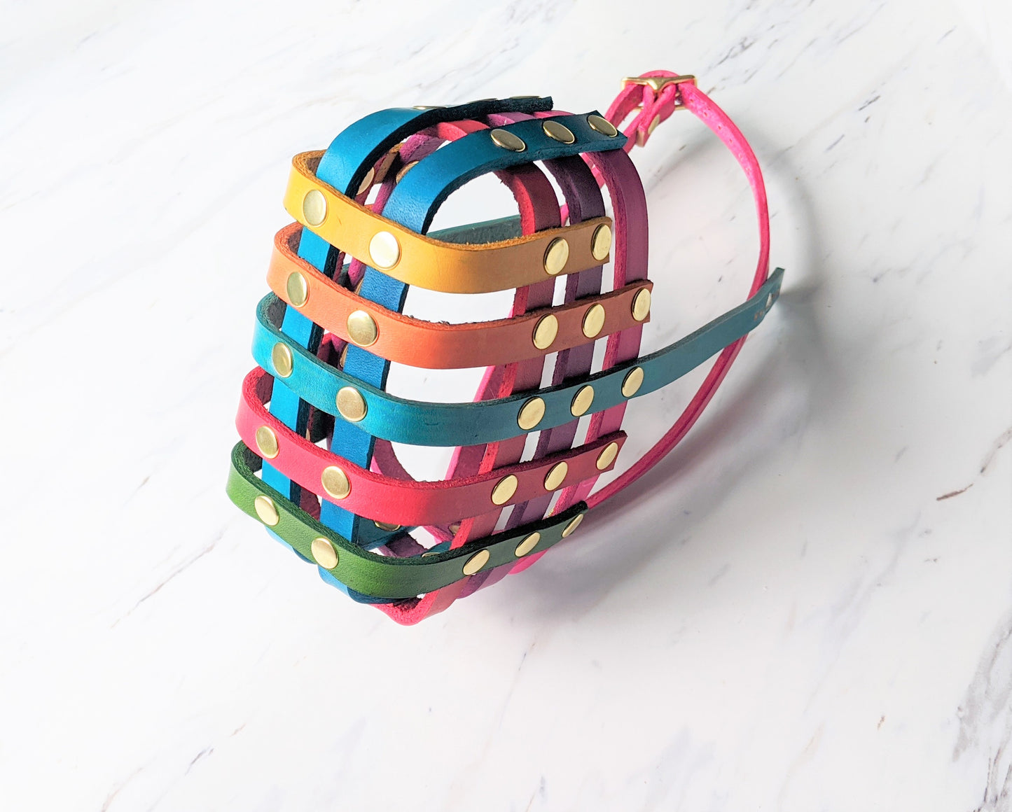 Basket Style Leather Muzzle - Rainbow Colors - Level Two