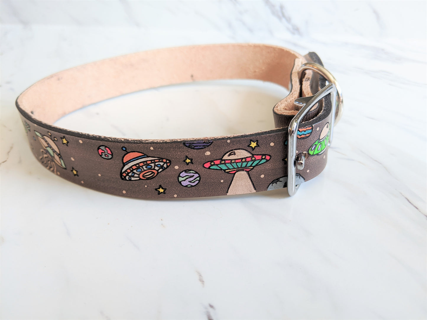UFO Alien Spaceships - Leather Dog Collar