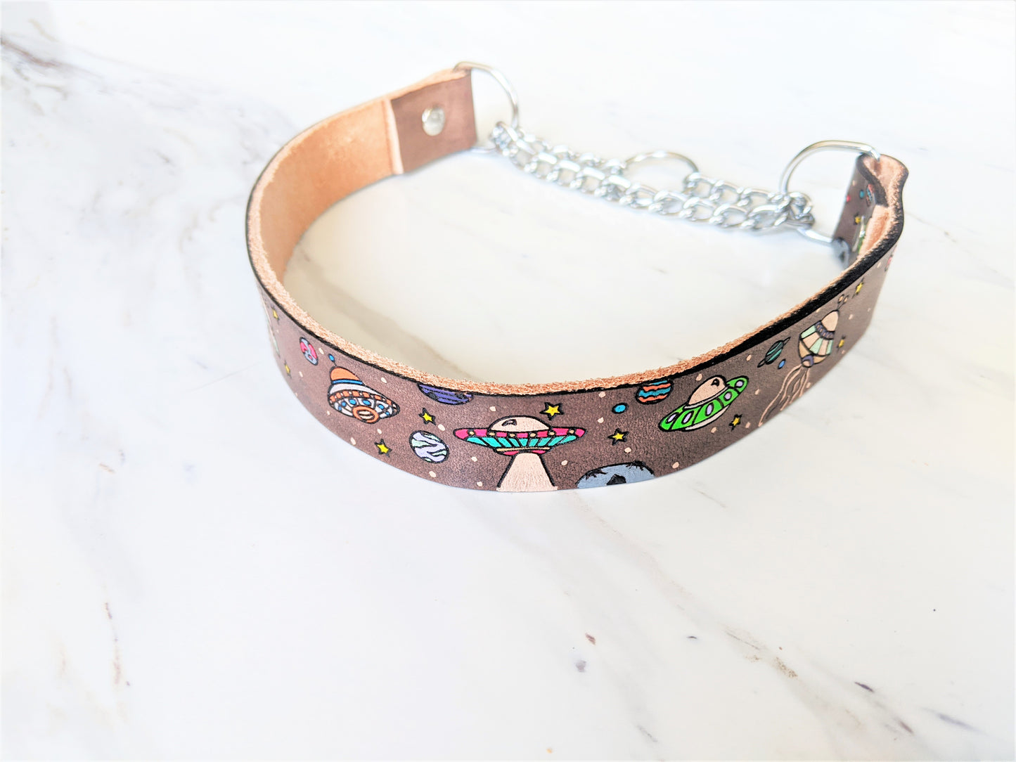 UFO Alien Spaceships - Leather Martingale Dog Collar