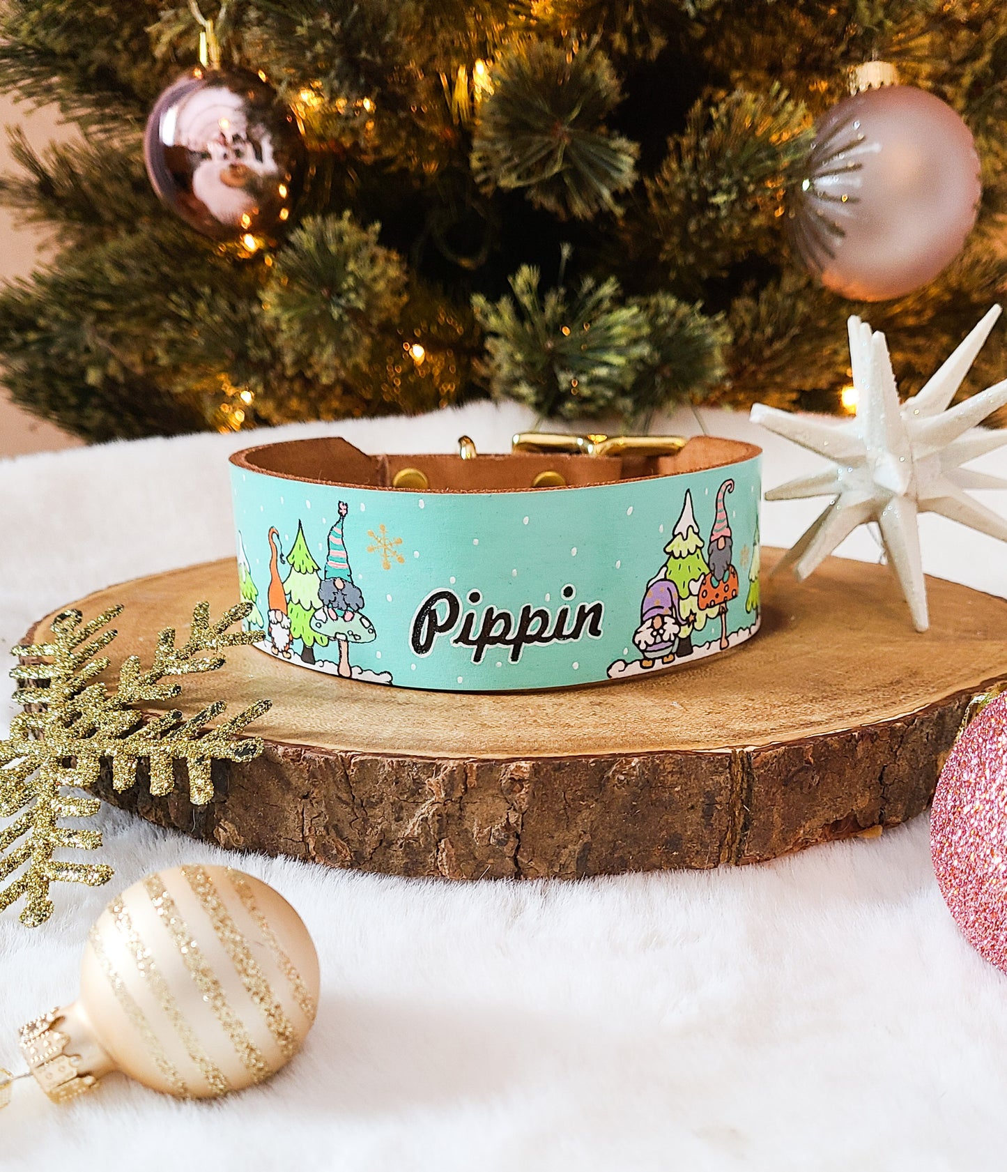 Holiday Gnome Leather Dog Collar
