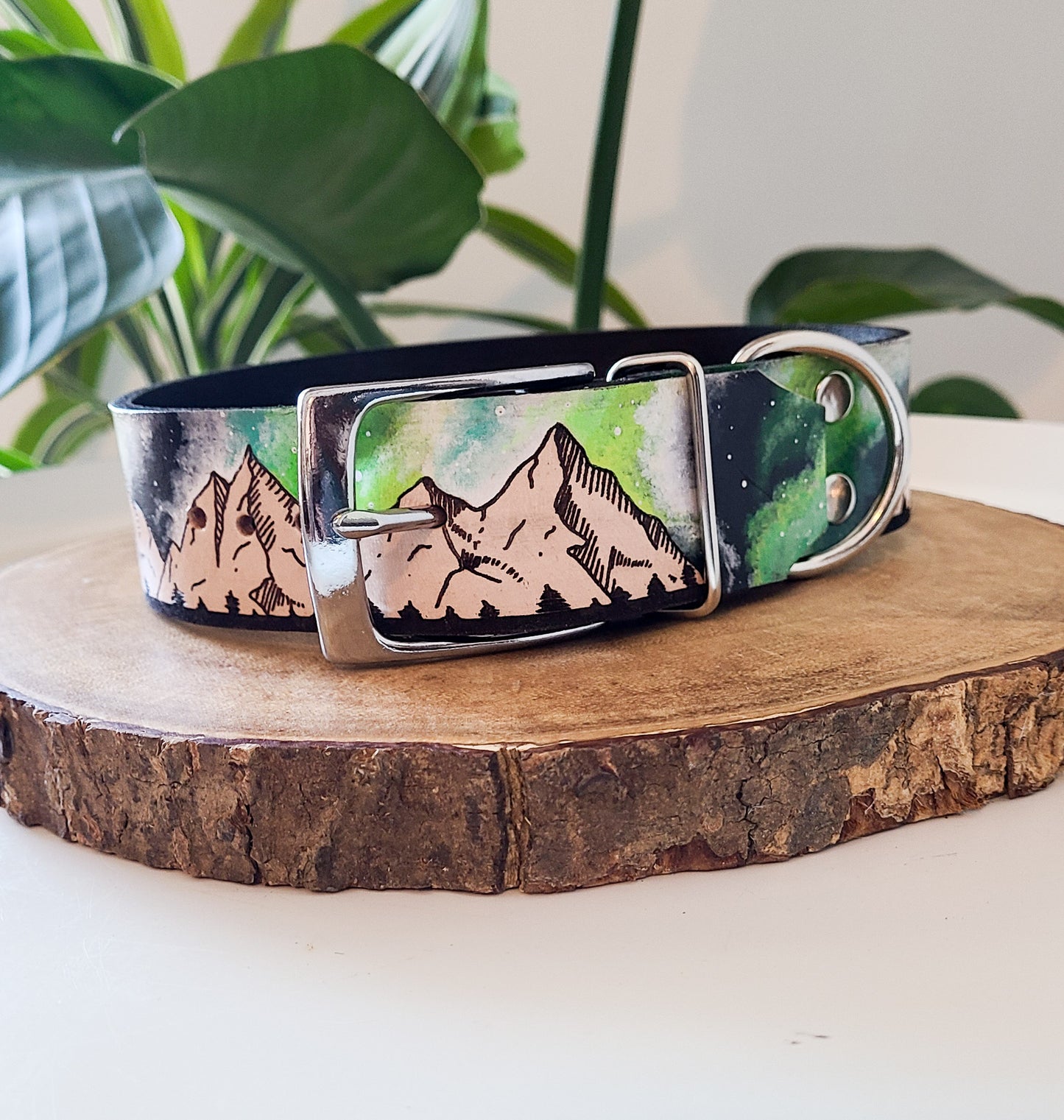 Green Milky Way Mountains - Leather Dog Collar